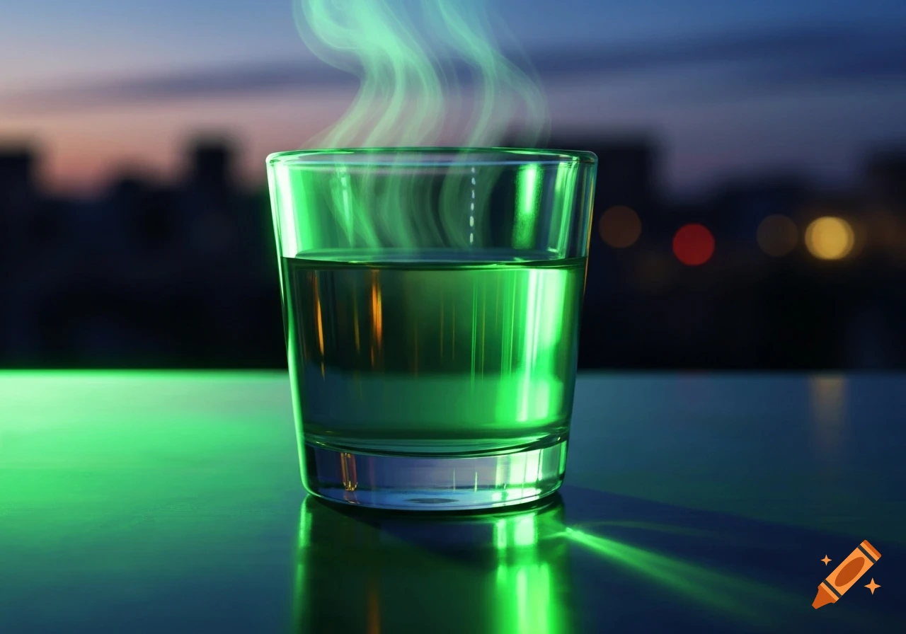 A clear glass with steaming green liquid on a reflective surface, against a blurred city skyline at dusk.