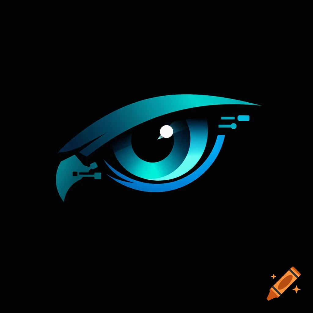 A sleek, modern hawk eye logo with gradient teal and blue colors, featuring digital tech elements, on a black background.