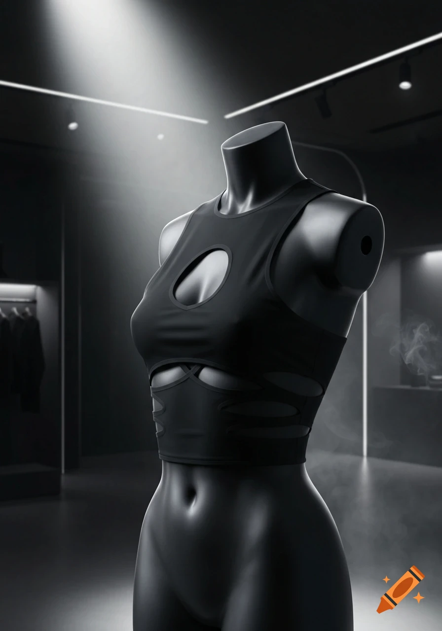 A black mannequin models a sleeveless black crop top with stylish cutouts in a dark, dramatically lit room.