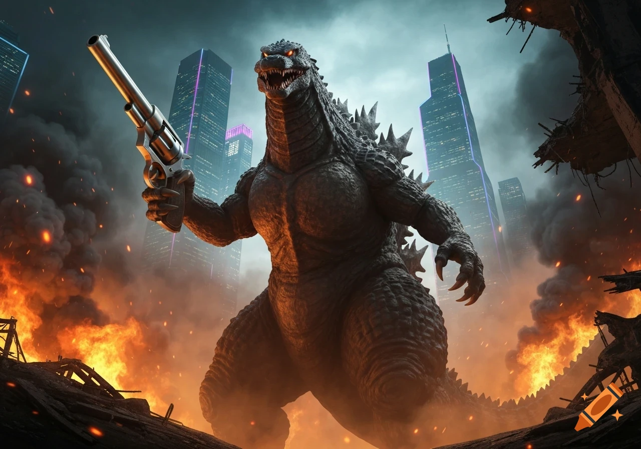 Godzilla, a giant monster, menacingly holds a revolver amidst a burning, ruined city with tall skyscrapers under a stormy sky.