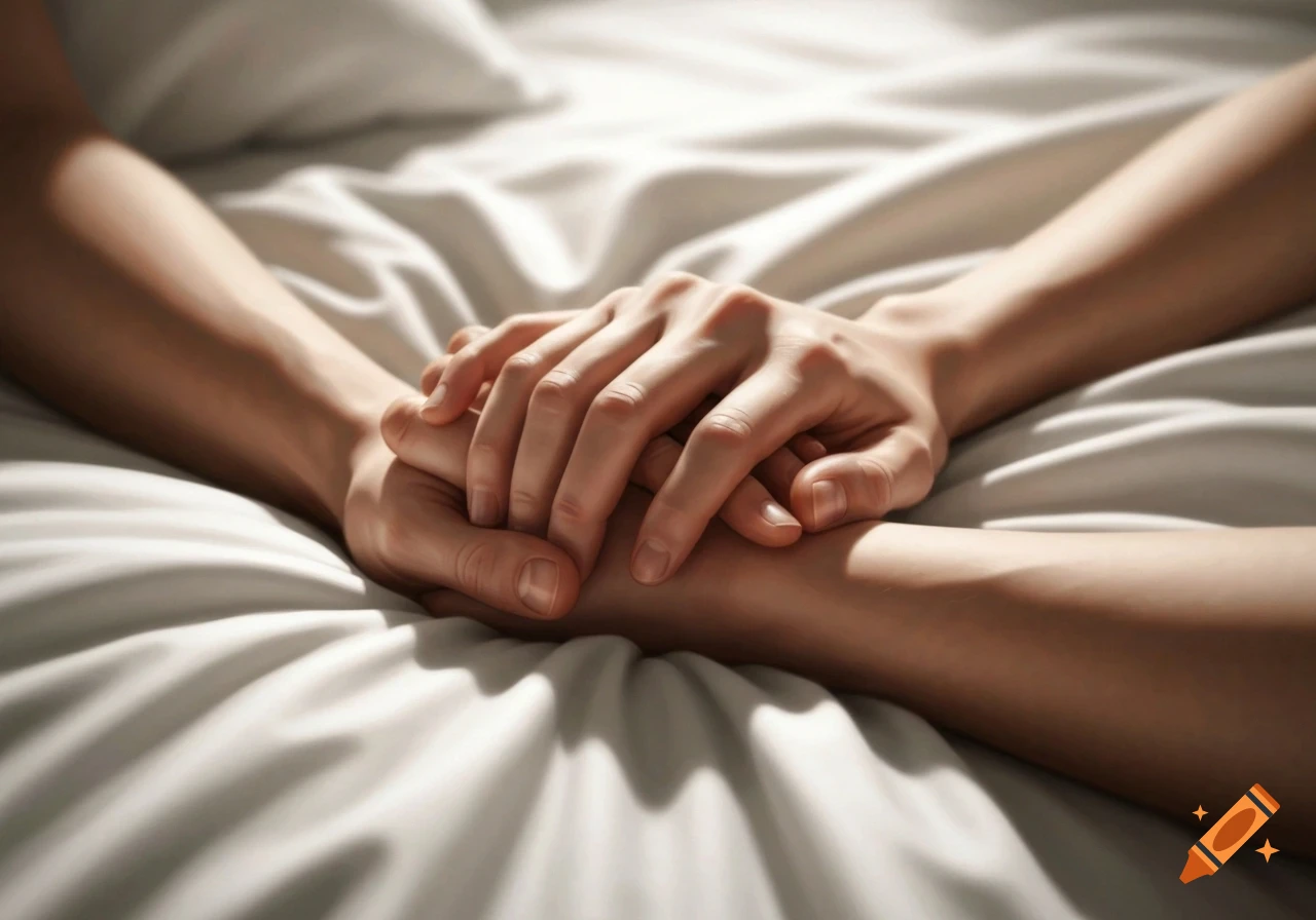 A pair of hands gently clasped together on white, wrinkled bed sheets, rendered in a warm, photorealistic style.