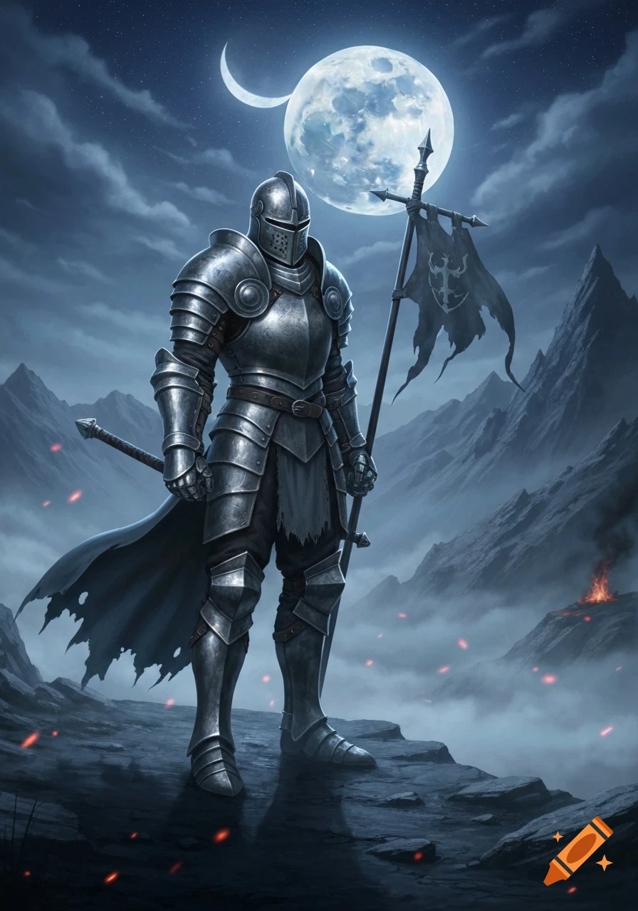 A knight in full plate armor stands on a rocky mountain path under a full moon, holding a tattered flag with a symbol. Fires glow in the distant misty mountains.