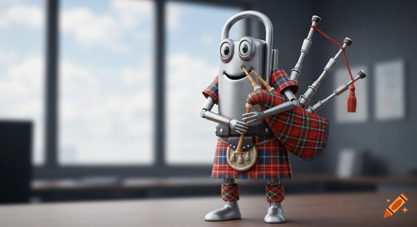A whimsical 3D render of Microsoft's Clippy mascot playing Scottish bagpipes while wearing a tartan kilt and sporran, in a blurred office.