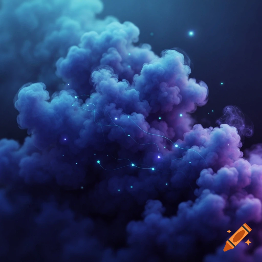 Abstract blue and purple smoke clouds with glowing dots and lines on a dark background.