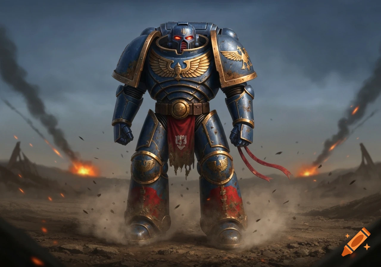 A Warhammer 40,000 Space Marine in blue and gold power armor stands on a smoky, war-torn battlefield.