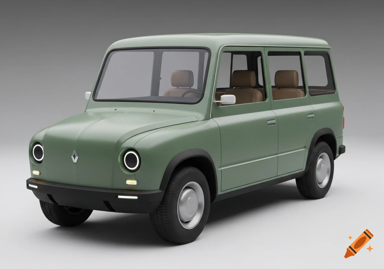 A sage green, retro-modern concept car resembling a Renault Colorale Prairie, with circular LED headlights, in a studio setting.