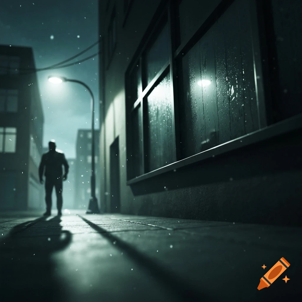 A lone person's silhouette walks down a dark, wet city street at night, illuminated by a distant streetlight.