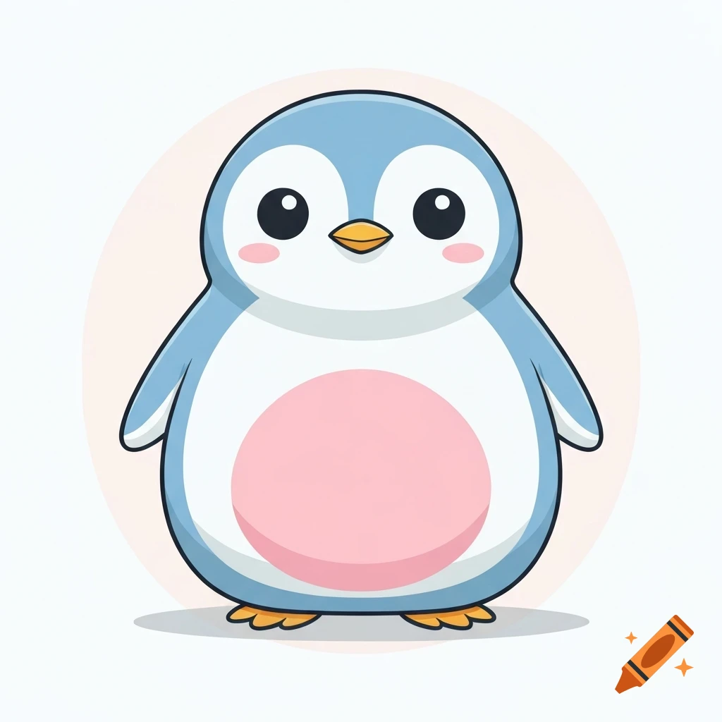 A cute, chubby baby cartoon penguin with a pink belly, big round eyes, and a surprised expression, in kawaii style with soft pastel colors.