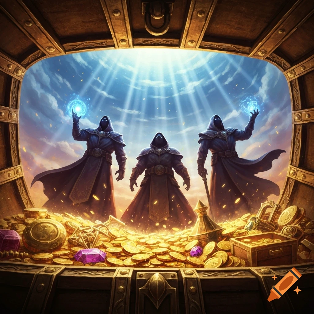 Three hooded mages look down into an open treasure chest filled with gold and jewels, seen from inside the chest.