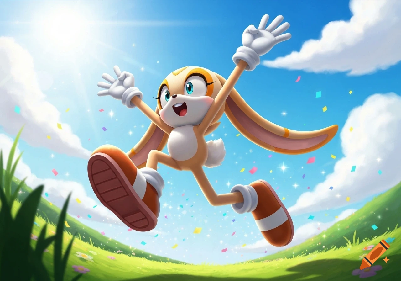 Cream the Rabbit from Sonic leaps happily in a sunny green field with confetti, arms outstretched in a bright cartoon style.