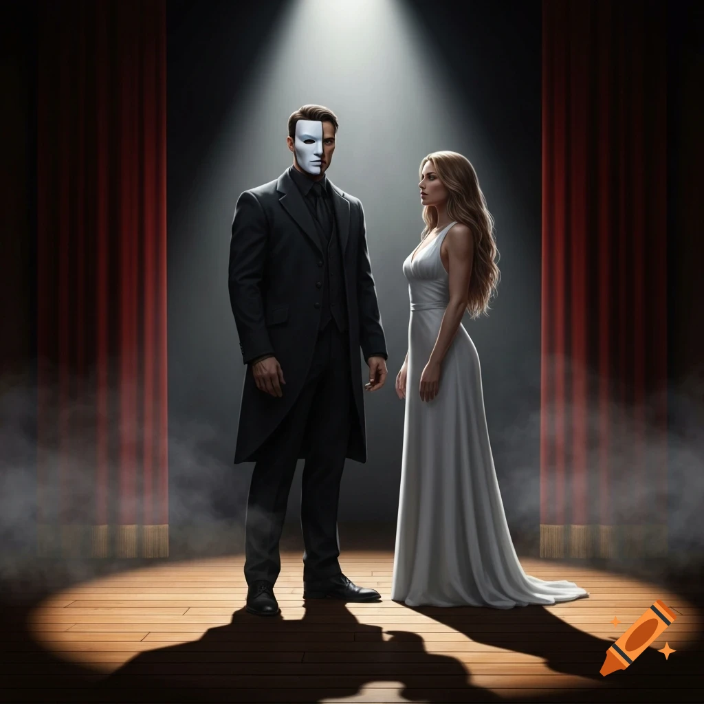 A man in a black suit and a white half-mask stands under a spotlight on a wooden stage with a woman in a long white dress, red curtains behind.