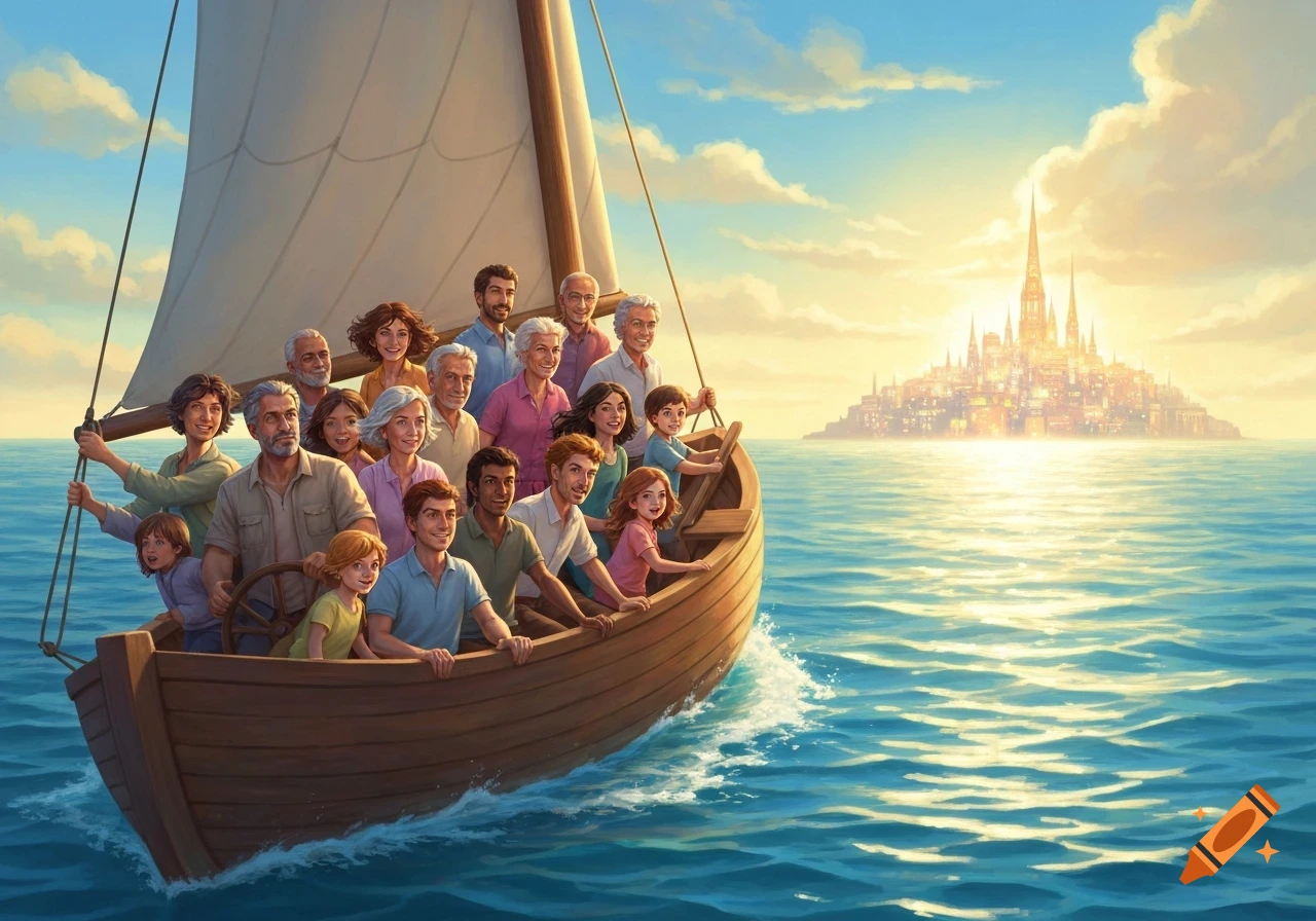 An illustrated group of people of all ages sailing in a wooden boat on a calm sea towards a shining fantasy city at sunset.