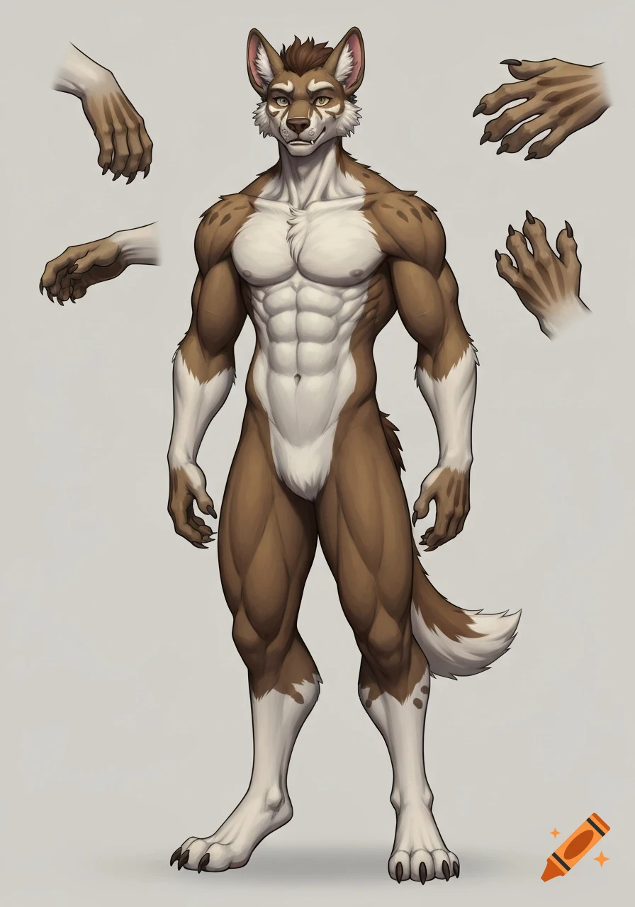 A muscular, brown and white anthropomorphic wolf-like creature stands facing forward, with floating studies of its hands. Detailed digital art.