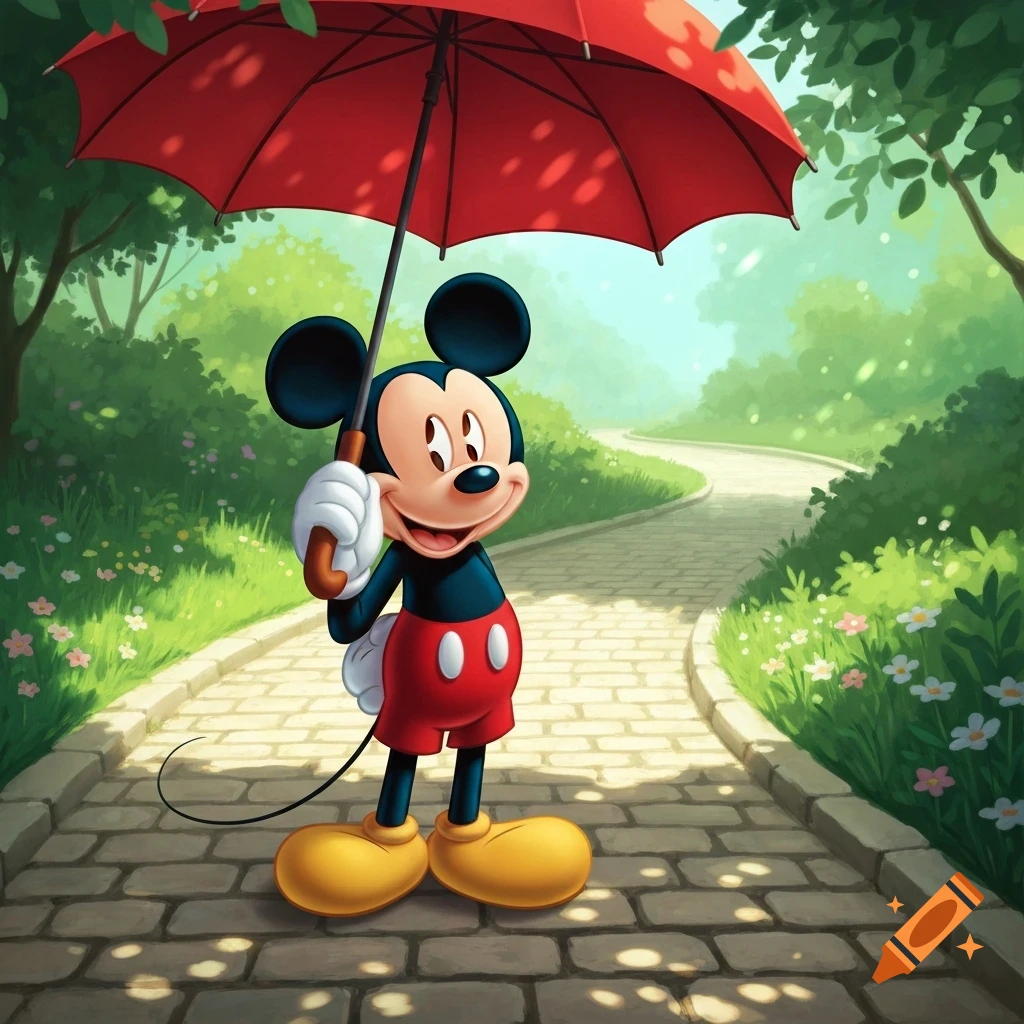 Mickey Mouse stands on a stone path in a sunny park, holding an open red umbrella. Cartoon illustration.