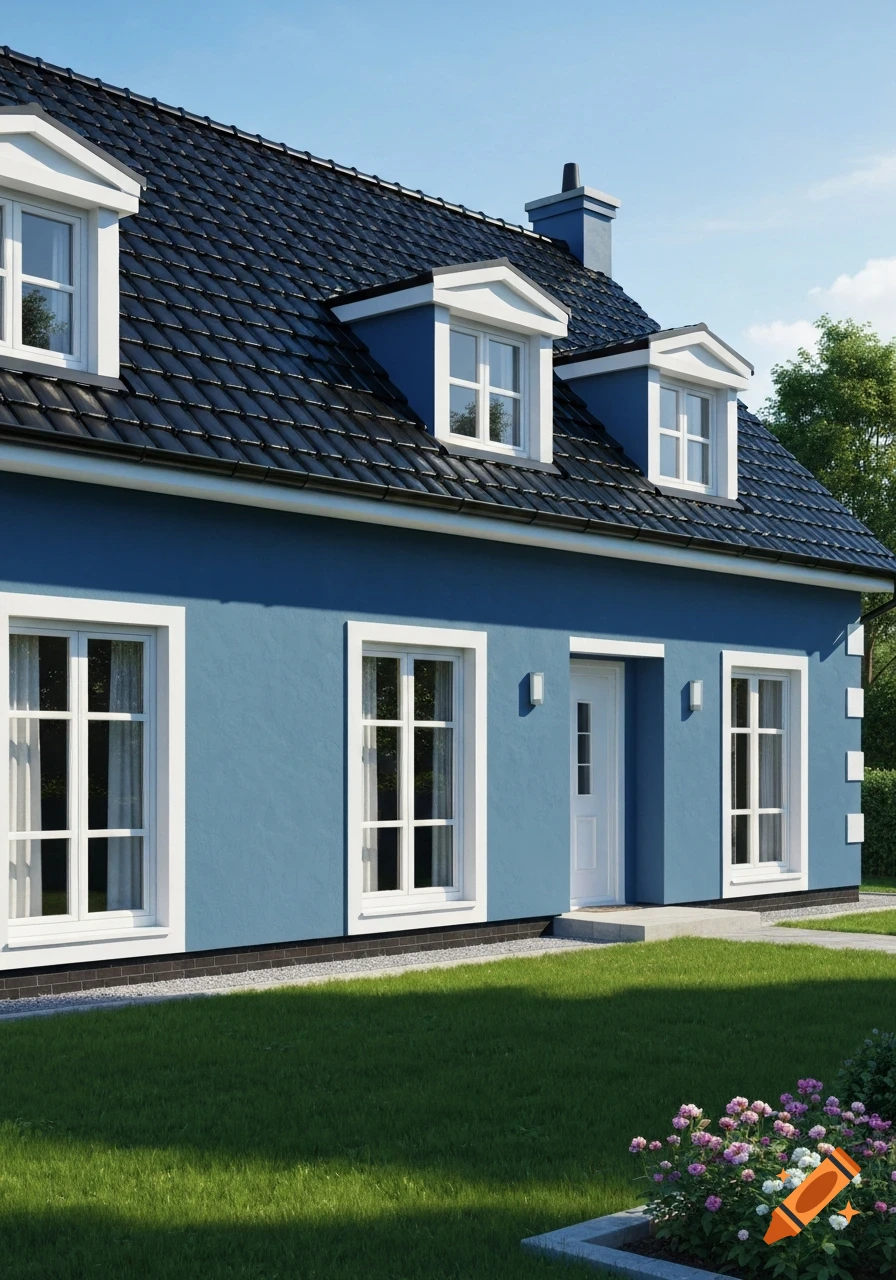 A photorealistic image of a blue detached house with a black tiled roof, white windows, a green lawn, and pink flowers.