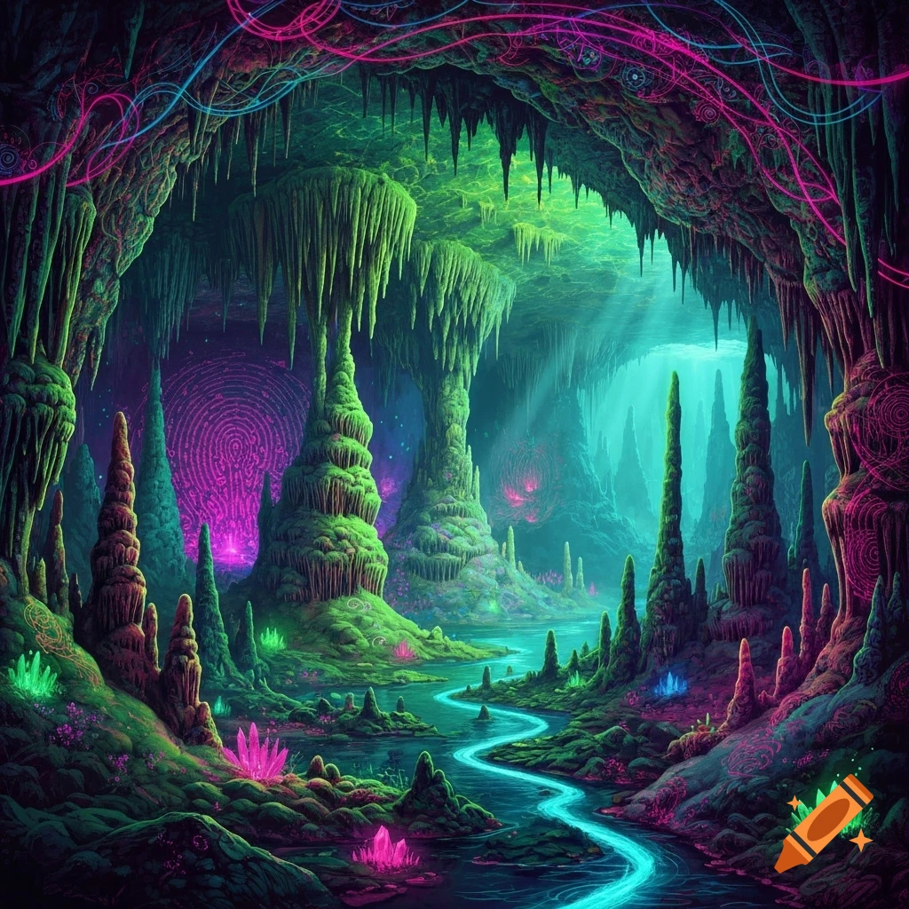 A vibrant, psychedelic underground cave scene with glowing green stalagmites, pink crystals, and a bright blue river winding through.
