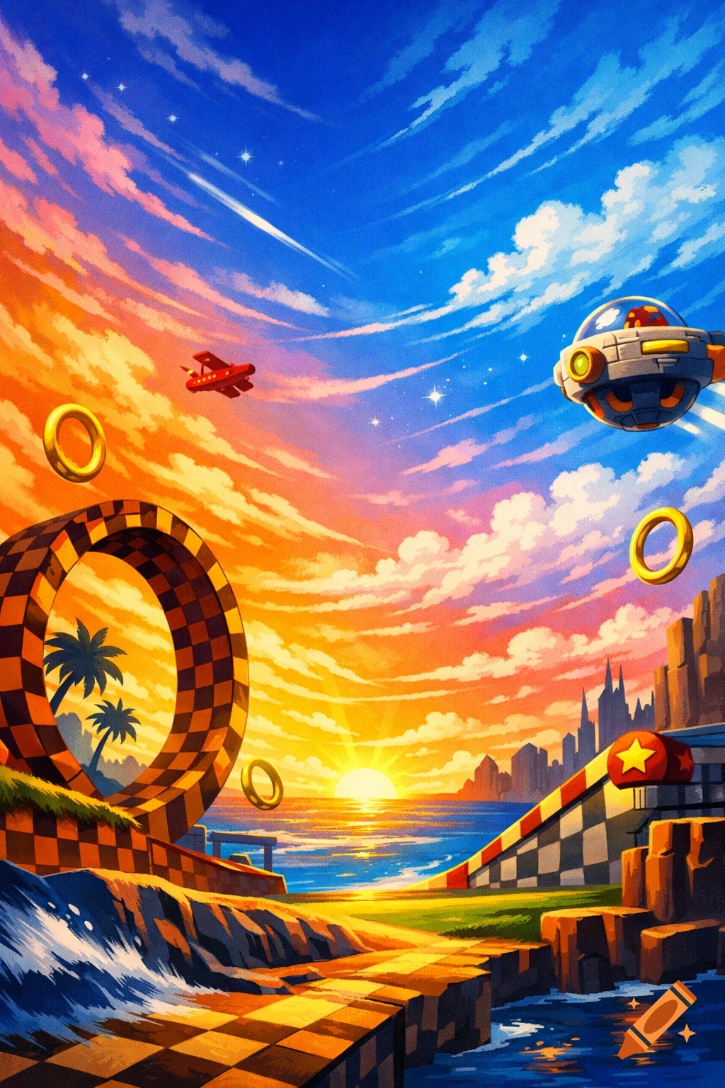 Vibrant Sonic the Hedgehog style landscape with a checkerboard loop, golden rings, palm trees, ocean, sunset, an airplane, and a UFO in the sky.