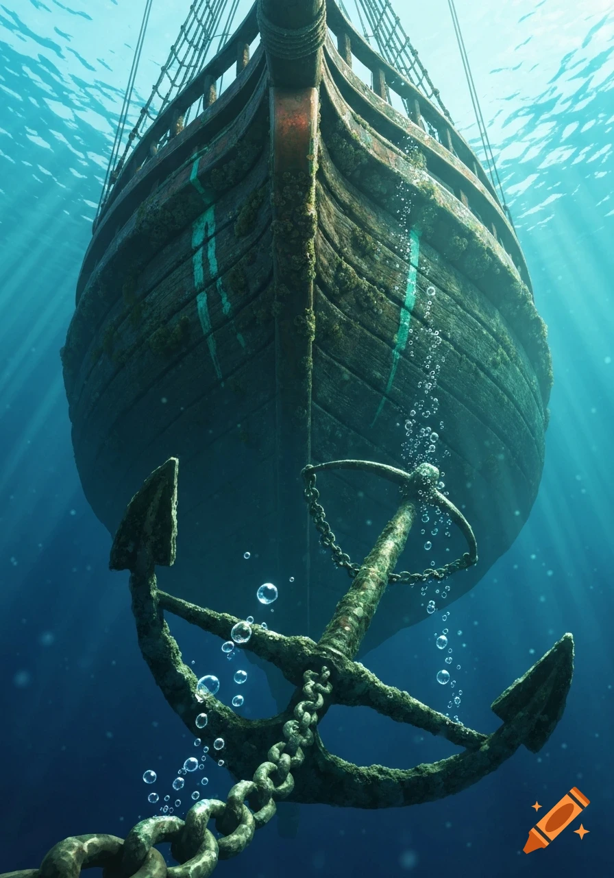A low-angle underwater view of a barnacle-covered anchor and chain, with a large, weathered wooden ship above it in deep blue water.