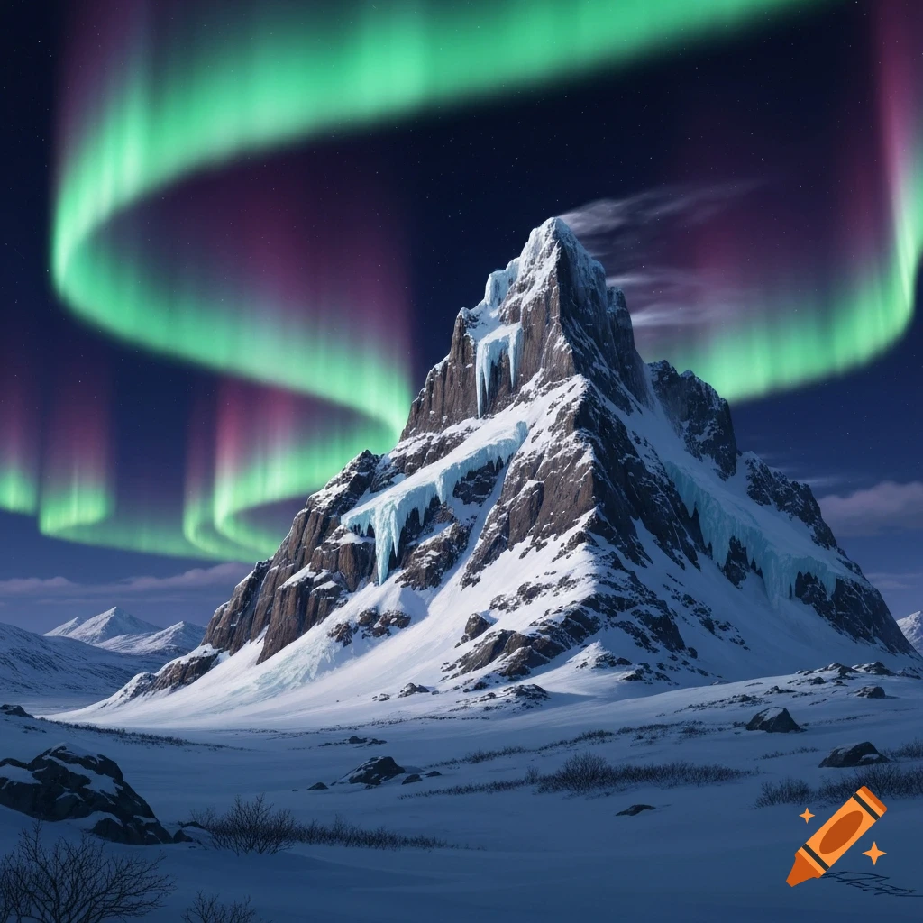 A majestic snow-covered mountain peak under a vibrant green and purple aurora borealis in a vast winter landscape.