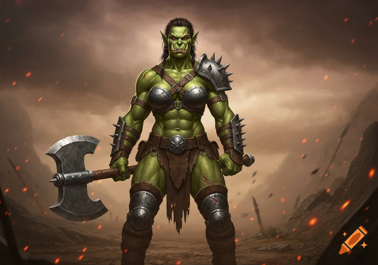 Muscular green orc woman in skimpy armor holds a battle axe in a fiery, desolate landscape, digital art.