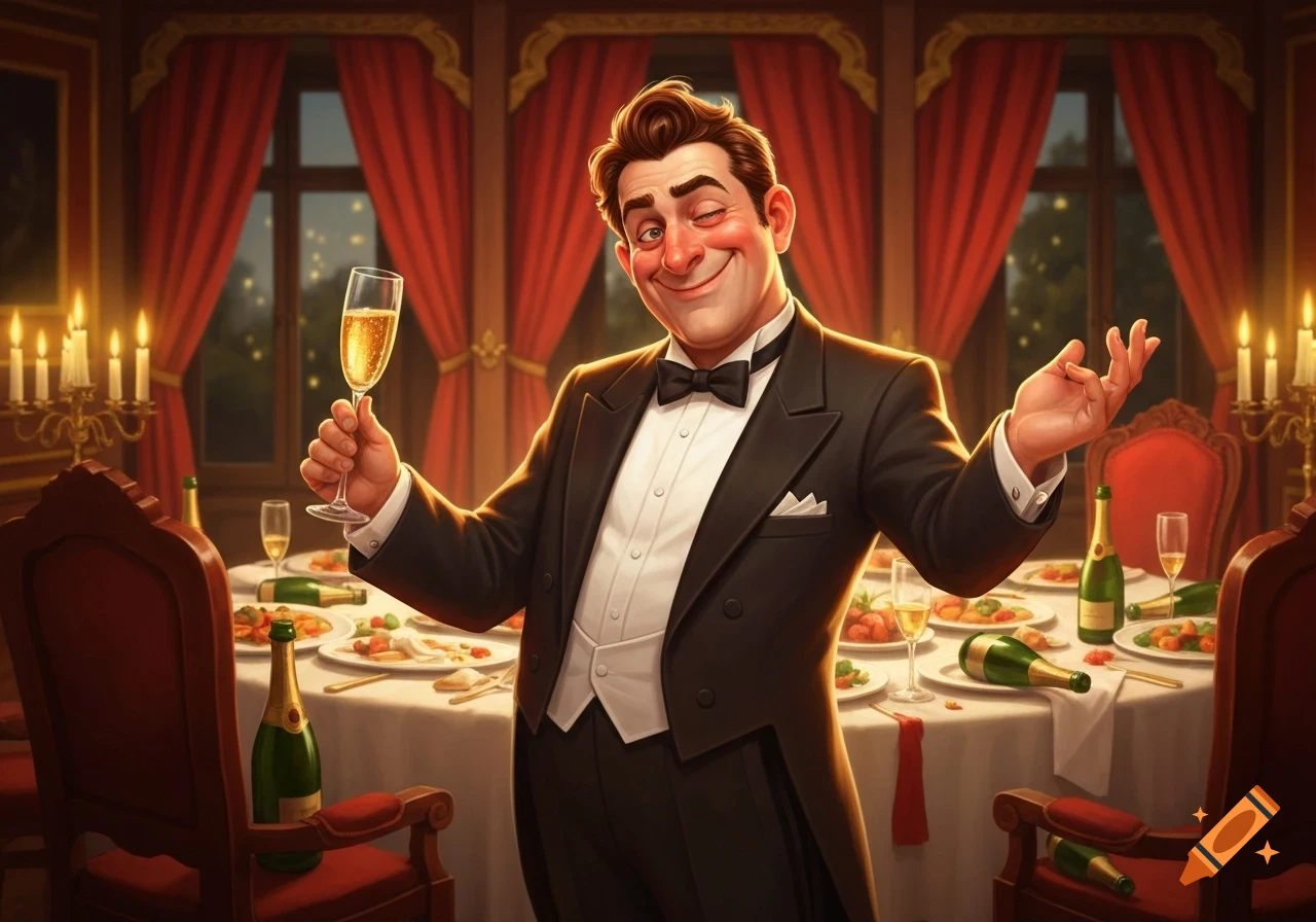 A cartoon man in a tuxedo winks and gestures, holding a champagne glass at a festive dinner party table with red curtains.
