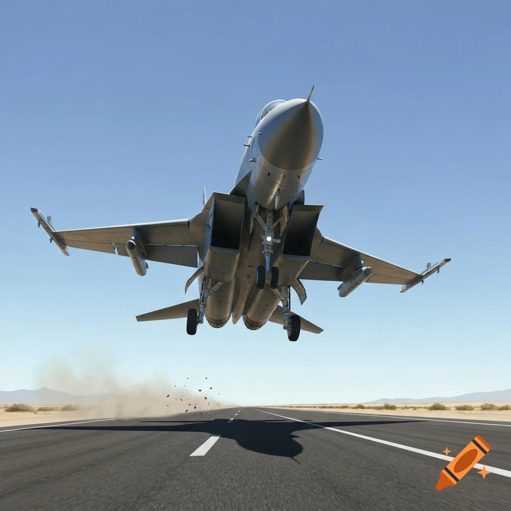 Photorealistic view of a fighter jet taking off from a desert runway, kicking up dust under a clear blue sky.