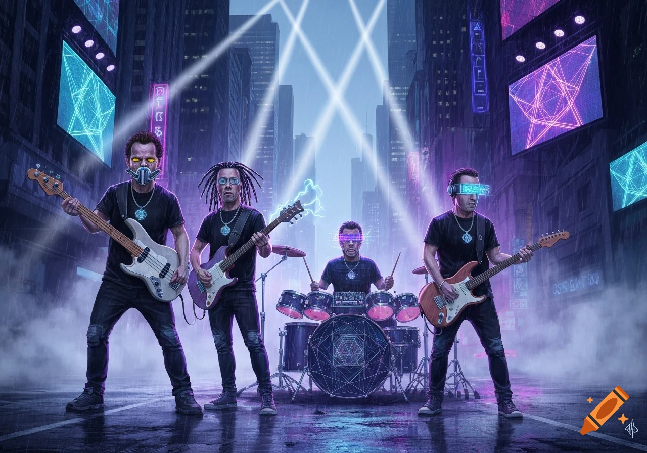 A cyberpunk band performs on a rainy, neon-lit futuristic city street at night, with glowing instruments and visors.