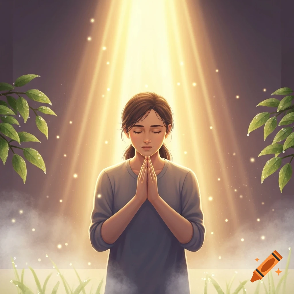 A person with eyes closed and hands clasped in prayer, bathed in golden light from above, surrounded by leaves and grass.