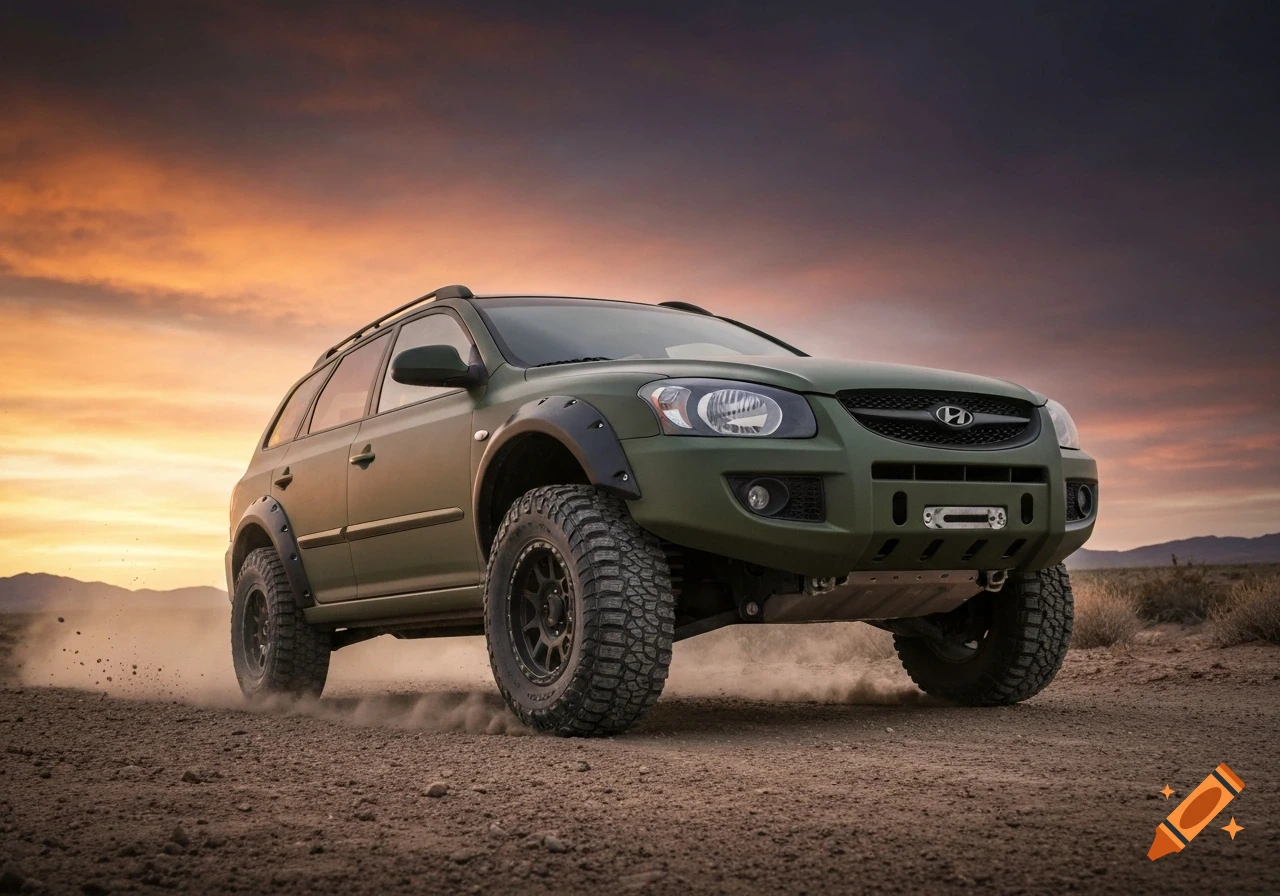 A green off-road station wagon kicks up dust on a dirt road at sunset in a desert landscape.