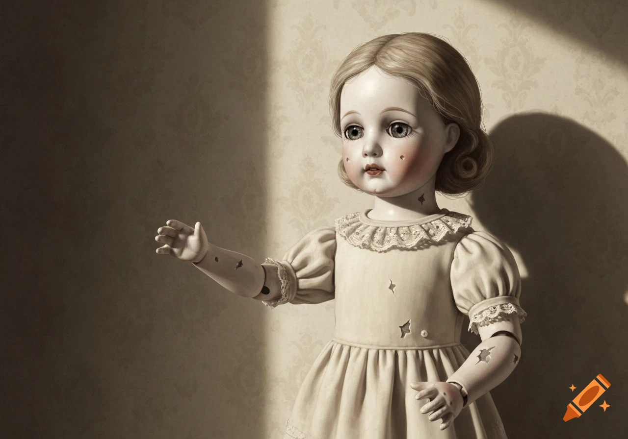 An eerie vintage porcelain doll with cracks on its body and dress, standing against a patterned wall with dramatic lighting.