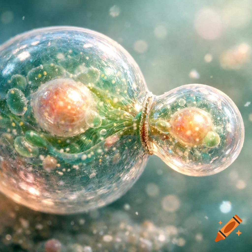 A microscopic view of a large clear cell budding with internal green and orange structures, attached to a smaller transparent cell.