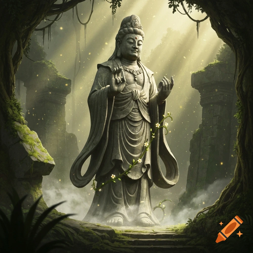 Stone statue of a serene deity in a lush, mystical jungle ruin with light rays and glowing particles.