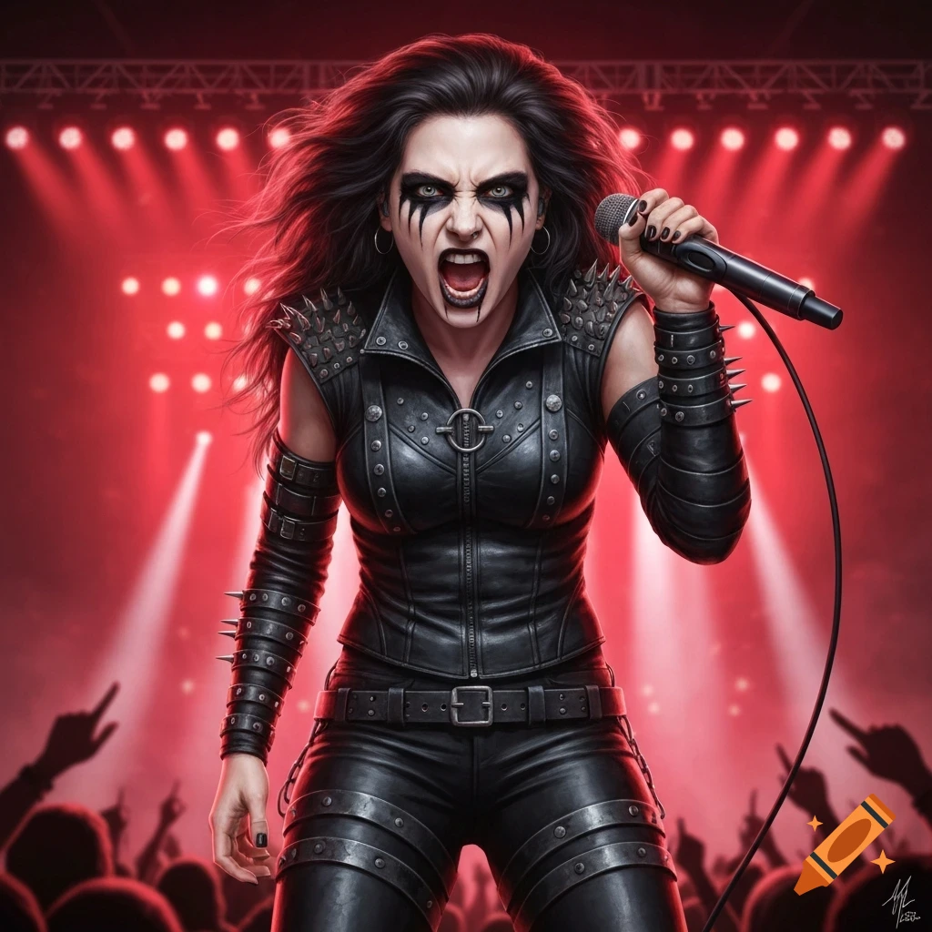 Female metal singer in spiked leather and black makeup, screaming into a microphone on a red-lit stage.