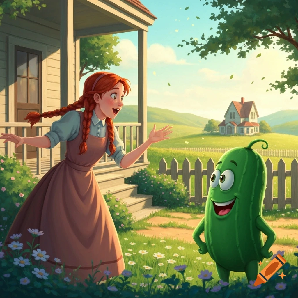 A red-haired girl in a dress with pigtails smiles excitedly at a cheerful green cartoon cucumber in a sunny yard with a house and hills.