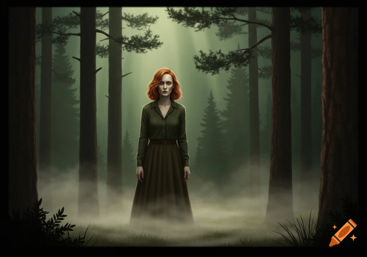 A pale woman with copper-red hair stands in a misty, dark forest with tall trees, in a mysterious style.
