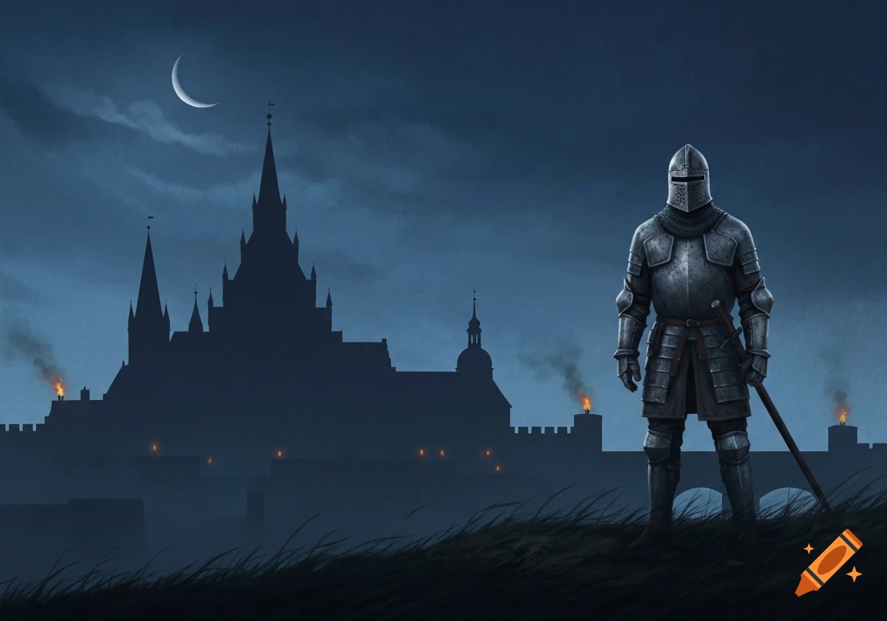 A knight in full armor stands on a grassy hill overlooking a silhouette ...