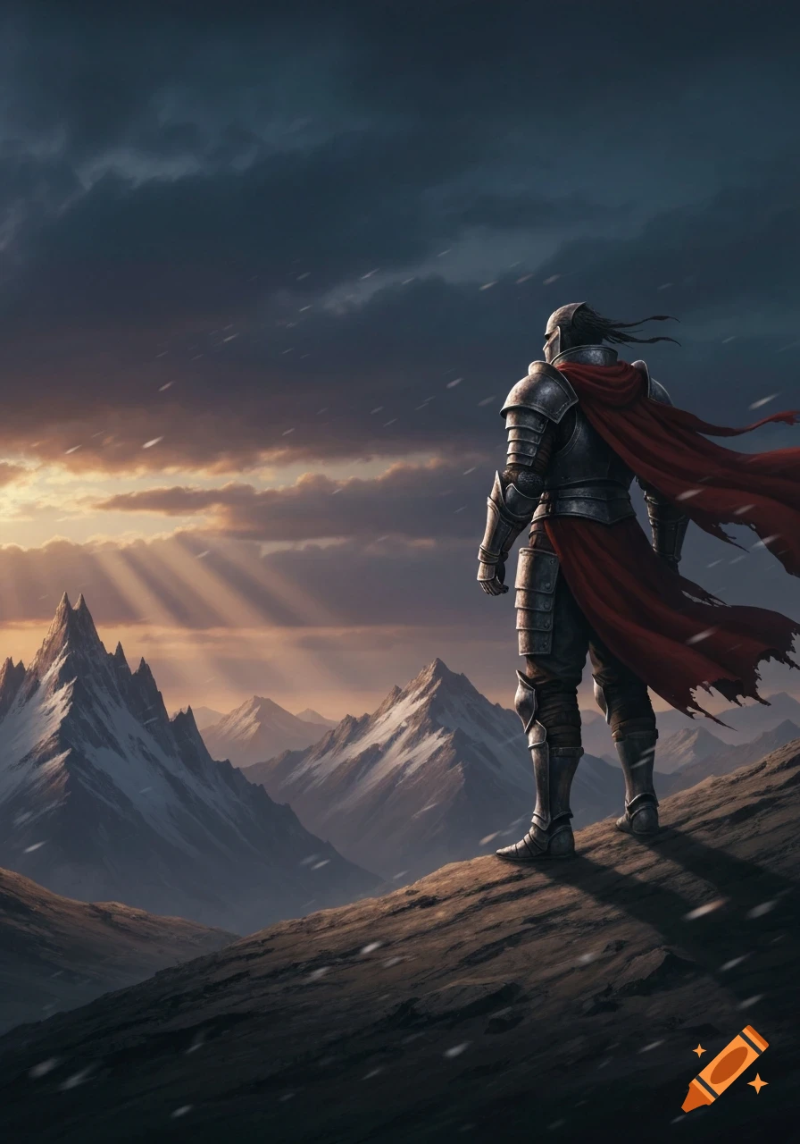 A knight in full armor and a red cape stands on a rocky hill, looking out at a vast, snow-capped mountain range under a dramatic, cloudy sky with sun rays breaking through.