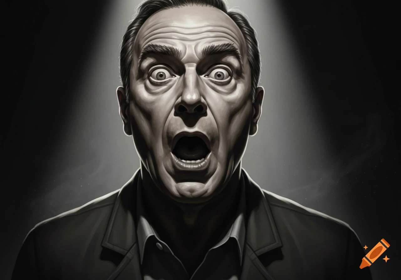 Close-up, black and white portrait of a man with a dramatically wide-eyed, shocked expression under a spotlight.