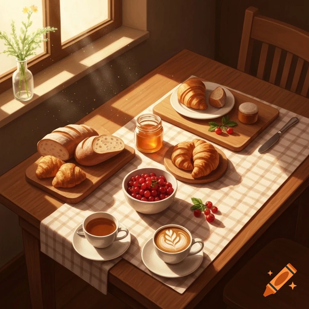 A photorealistic breakfast spread with croissants, bread, redcurrants, honey, coffee, and tea on a wooden table by a sunny window.