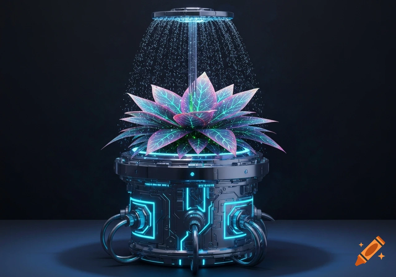 A futuristic glowing pink and green plant sits in a detailed cybernetic pot with blue neon lights, being watered by a sprinkler system with glowing droplets against a dark background.