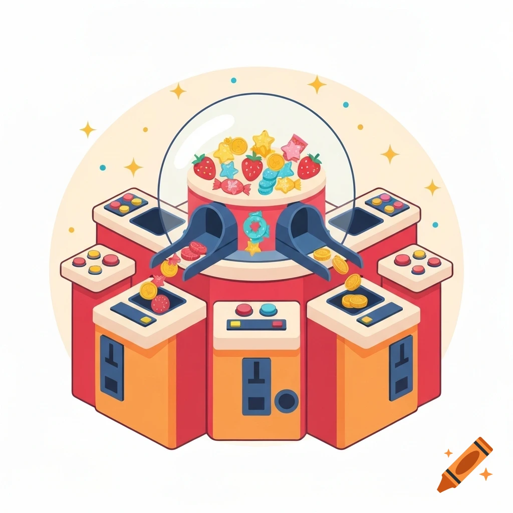 An isometric flat design illustration of a red and orange four-player coin pusher arcade machine with a central dome filled with colorful candy prizes, surrounded by sparkling decorations.