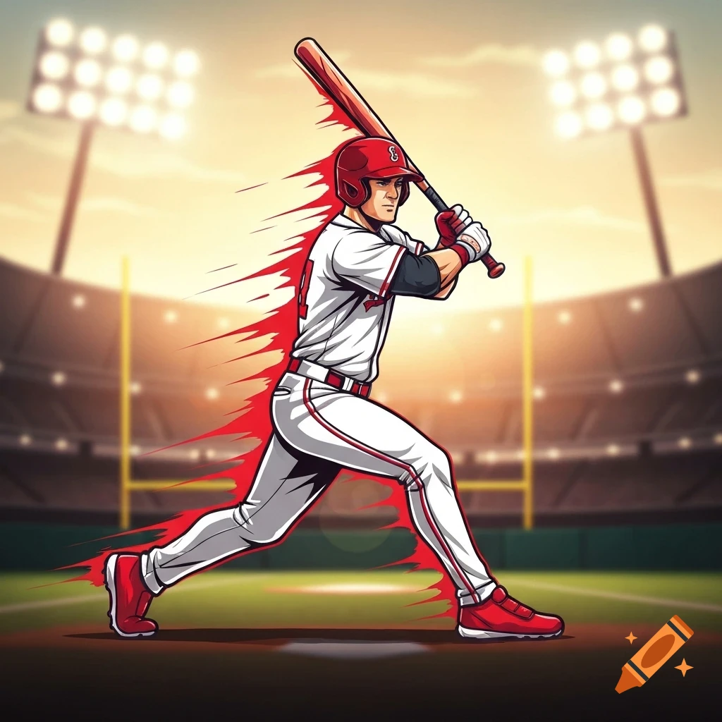 A stylized illustration of a baseball player in a red helmet and white uniform, mid-swing with a bat, in a stadium with bright lights.