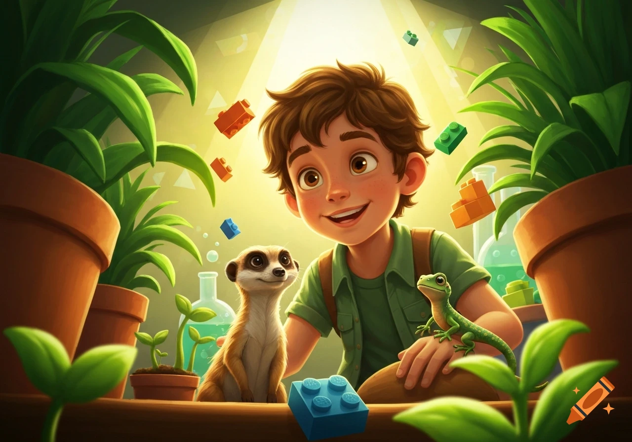 A happy cartoon boy smiles next to a meerkat, a gecko, and lush plants, with colorful Lego bricks floating around.
