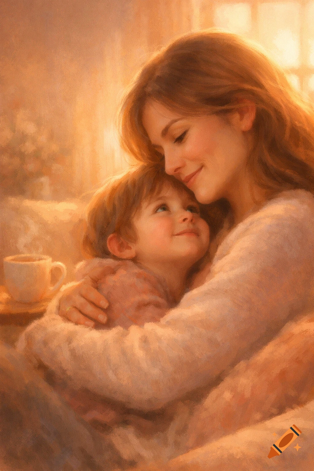 Warm, painterly portrait of a mother tenderly embracing her child, both smiling, with a steaming mug nearby.