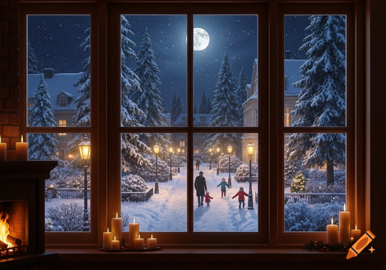 Photorealistic view from a cozy window onto a snowy winter night, with a full moon, snow-covered trees, streetlights, and people walking below. Indoor fireplace and candles glow.