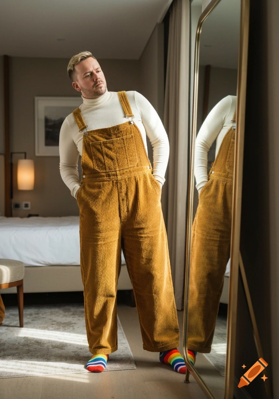 A man with short blonde hair and a clean-shaven face, wearing a white turtleneck, mustard corduroy overalls, and rainbow socks, stands in a hotel room admiring himself in a full-length mirror.