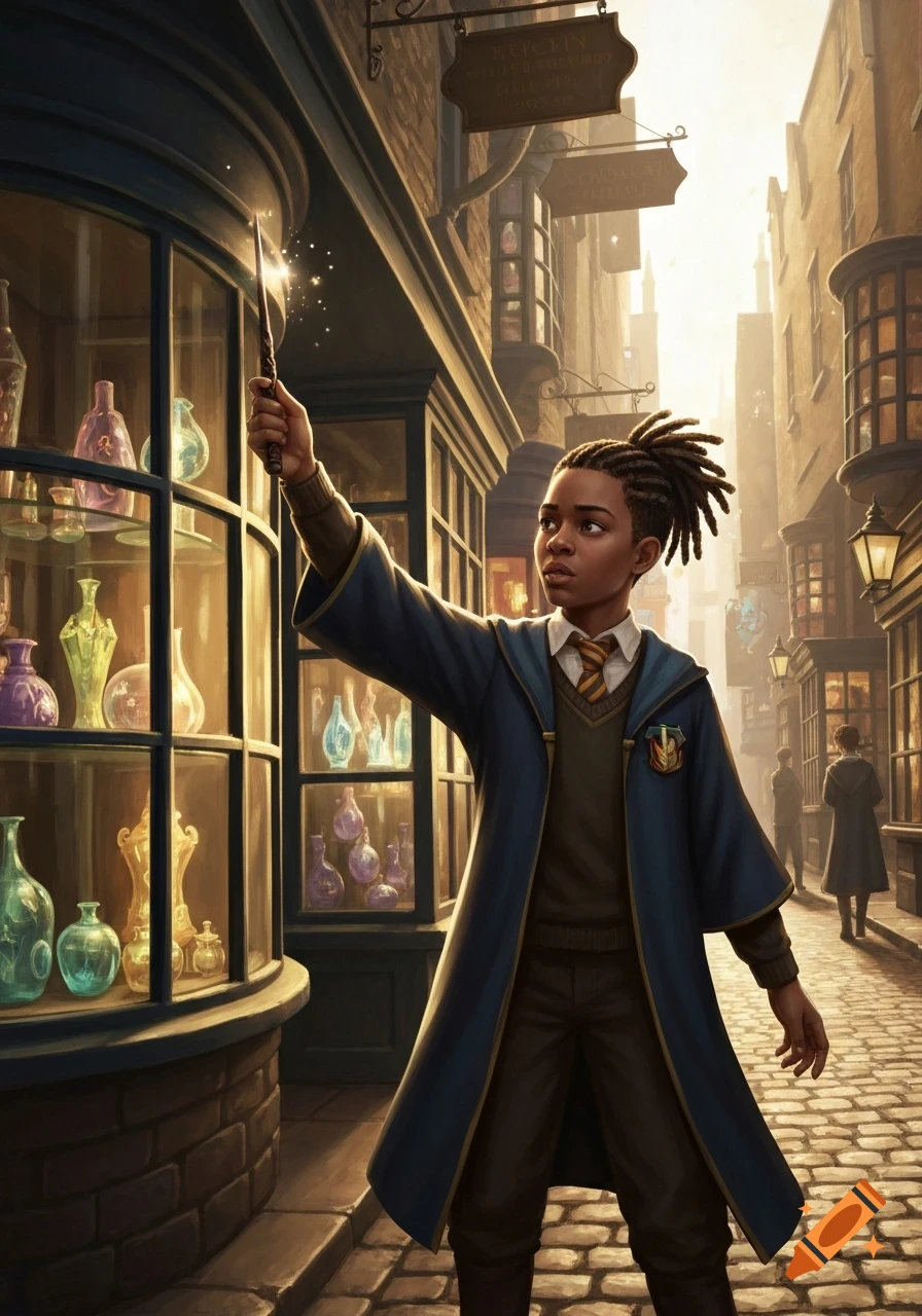 A young Black student with dreadlocks, wearing a dark blue robe, holds a glowing magic wand in a bustling, cobblestone alleyway lined with shops filled with potions.