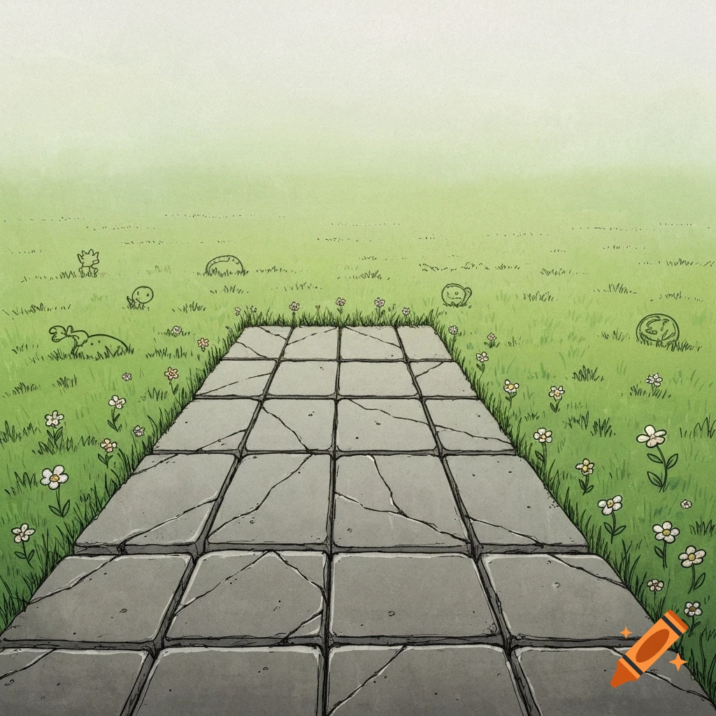 Whimsical illustration of a stone path through a green field with small flowers and cute blob creatures, in Shel Silverstein style.