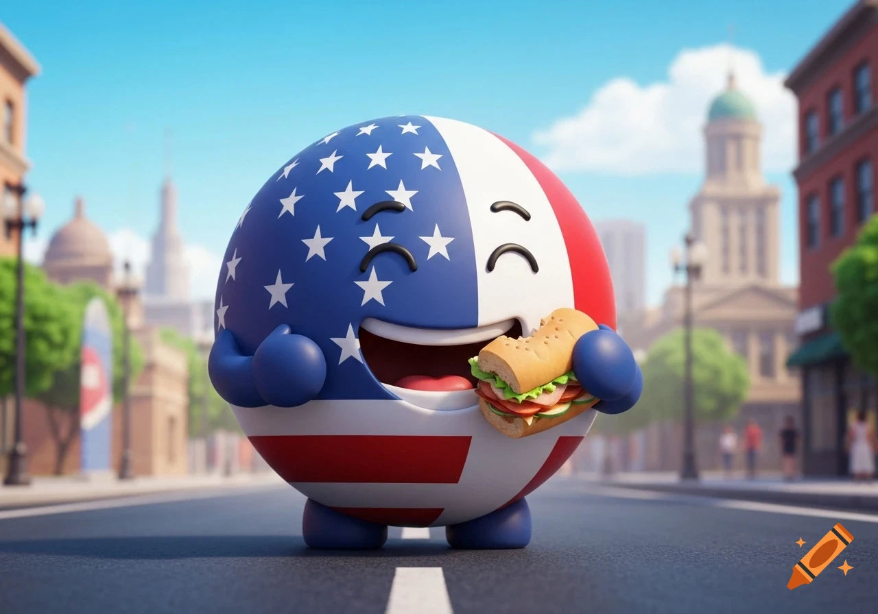 A happy, spherical cartoon mascot with the American flag design eats a sandwich on a city street.
