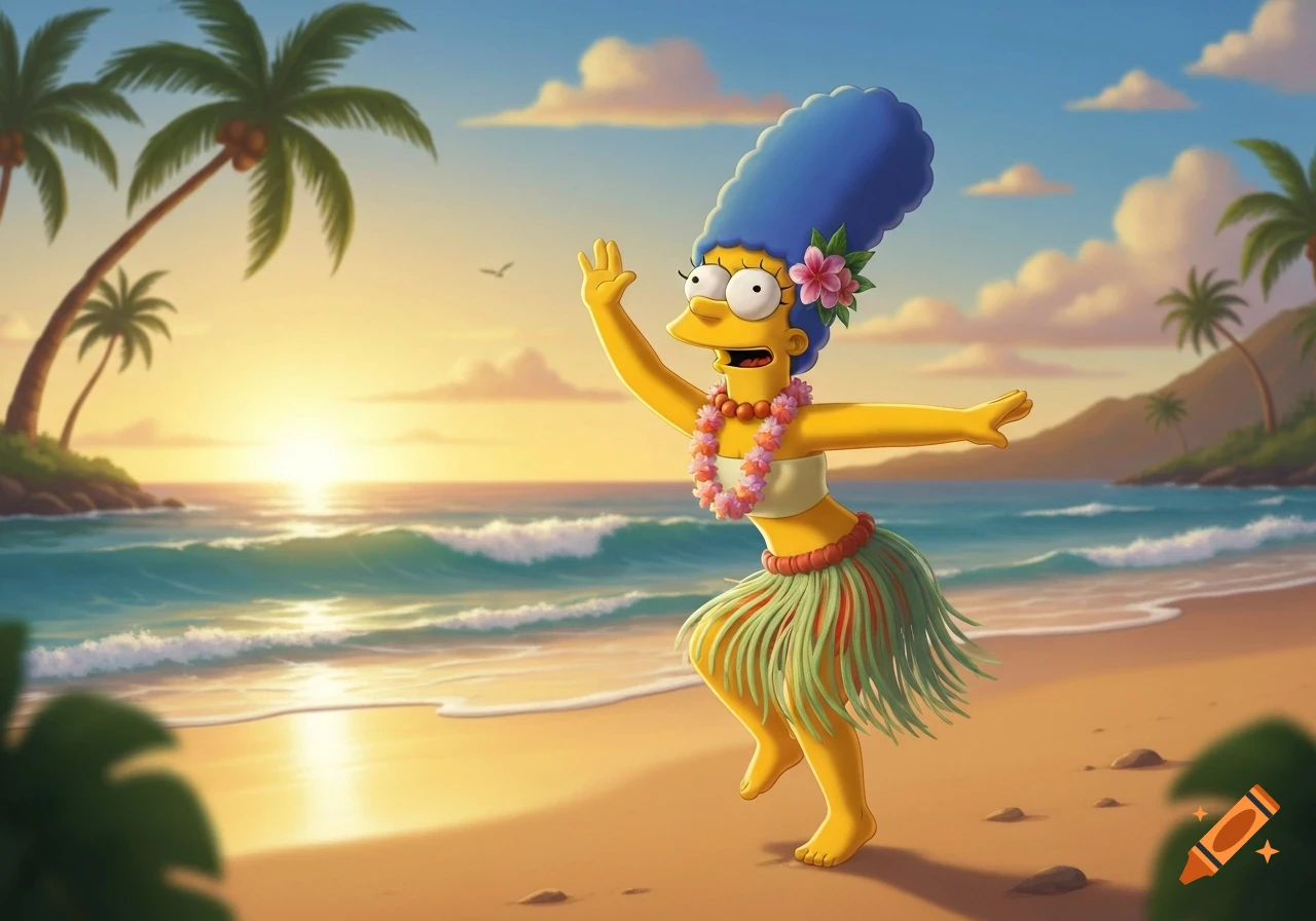 Marge Simpson from The Simpsons dancing the hula on a sandy beach with palm trees and a sunset over the ocean.